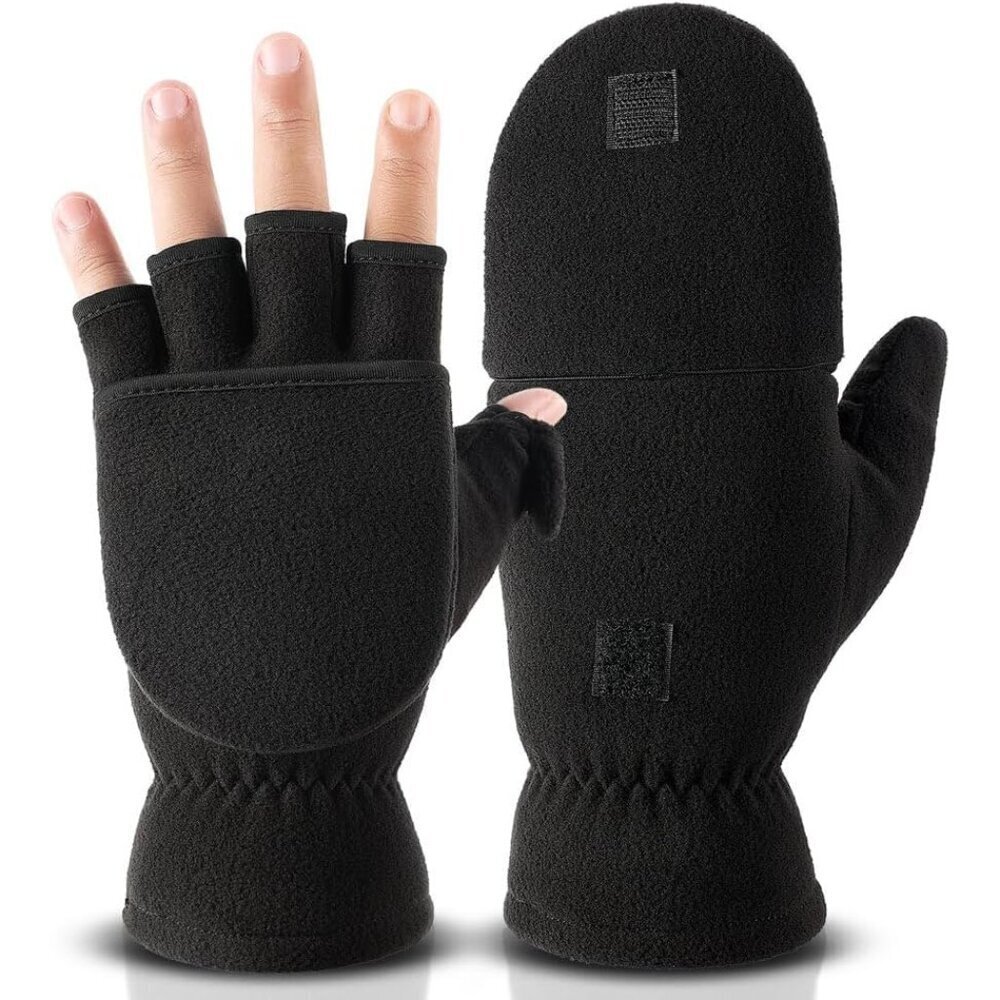Winter Gloves Fingerless Convertible Mittens Polar Fleece Insulated Warm for Men